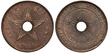 Бельгийское Конго 5 сантимов 1888  KM 3 медь  UNC  5010-321