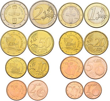 Кипр евронабор из 8 монет 2008 1, 2, 5, 10, 20, 50 евроцентов, 1, 2 евро биметалл UNC N5-74