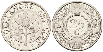 Нидерландские Антилы 25 центов 1992 Беатрикс (1980-2013) KM 35 никелированная сталь 3334-541