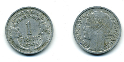 ФРАНЦИЯ 1 ФРАНК 1947 В KM 885а.2 алюминий 84-456