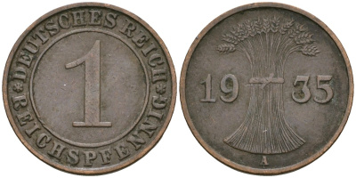 Германия 1 рейхспфенниг 1935 A KM 37, J. 313 бронза 4528-439