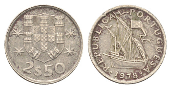 Португалия 2,5 эскудо 1978 KM 590 медно-никель 4705-621
