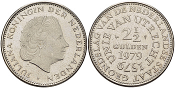 Нидерланды 2 1/2 гульдена 1979 400 лет Утрехтскому союзу, Юлиана (1949-1980) KM 197 никель 32-1222