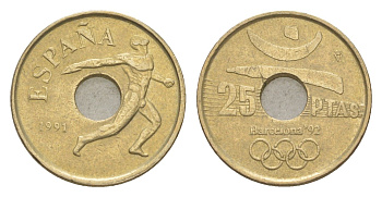 Испания 25 песет 1991 XXV летние Олимпийские Игры, Барселона 1992, Эмблема Олимпиады KM 850 алюминиевая бронза 4623-1255