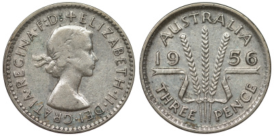 Австралия 3 пенса 1956 m, Елизавета II (1952-2022) KM 57 серебро 71-461