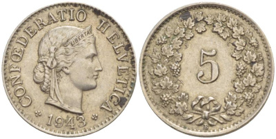 ШВЕЙЦАРИЯ 5 РАППЕНОВ 1943 В KM 26 медно-никель 4532-939