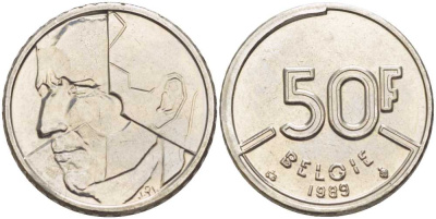 БЕЛЬГИЯ 50 ФРАНКОВ 1989 BELGIE, БОДУЭН I (1951-1993) KM 169 никель 4383-942