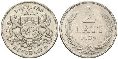 Латвия 2 лата 1925 KM 8 серебро 34-1152
