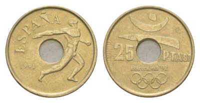 Испания 25 песет 1991 XXV летние Олимпийские Игры, Барселона 1992, Эмблема Олимпиады KM 850 алюминиевая бронза 4623-1255