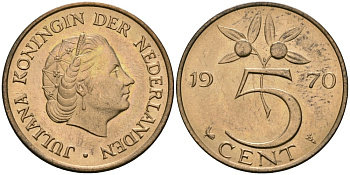 Нидерланды 5 центов 1970 Юлиана (1948-1980) KM 181 бронза 4579-626