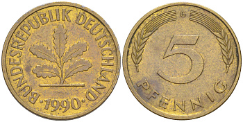 ФРГ 5 пфеннигов 1990 G KM 107, J. 382 сталь плакированная латунью 4514-1125