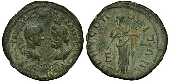 Римская Империя, Провинция Верхняя Мезия, Дионисополь пентассарий 238 - 244 Гордиан III, бюсты Гордиана III и Сераписа / Салюта, 12,52 гр SNRIS Dionysopolis 12 медь 1073-5-4-4