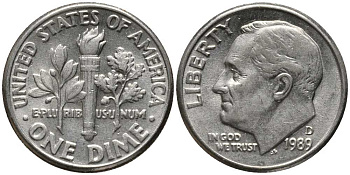 США 10 ЦЕНТОВ = 1 ДАЙМ 1989 D, РУЗВЕЛЬТ KM 195а медь плакированная медно-никелем 112-652