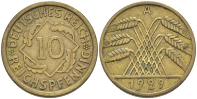 ГЕРМАНИЯ 10 РЕЙХСПФЕННИГОВ 1929 A KM 40, J. 317, Weege 9 алюминиевая бронза 210-411