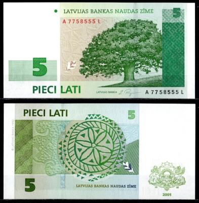 Латвия 5 крон 2001  Pick 49 b  бумага UNC (пресс) 451-1342-2