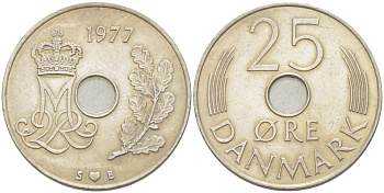 ДАНИЯ 25 ЭРЕ 1977 S; B, МАРГРЕТЕ II (1972-) KM 861.1 медно-никель 4402-1252
