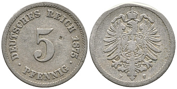 ГЕРМАНИЯ 5 ПФЕННИГОВ 1875 F, СТАРОГЕРБОВКА KM 3, J. 3 медно-никель 39-362