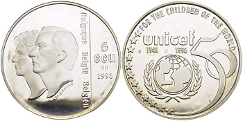 Бельгия 5 экю 1996 50 лет UNICEF (1946-1996) KM 203 серебро  PROOF  1098-5-42