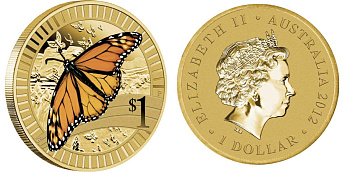 Австралия 1 доллар 2012 серия животные спортсмены, бабочка данаида монарх, цветная эмаль KM 1810 алюминиевая бронза UNC 00-00
