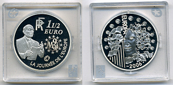 Франция 1 1/2 евро 2006 Декларация Шумана, день Европы 9 мая 1950 года KM 2037 серебро PROOF 01-143-12