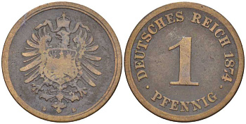 ГЕРМАНИЯ 1 ПФЕННИГ 1874 D, СТАРОГЕРБОВКА KM 1, J. 1, Weege 1 медь 206-1024