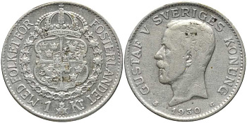 Швеция 1 крона 1930 G, Густав V (1907-1950) КМ 786.2 серебро 202-526