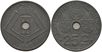 Бельгия 25 сантимов 1946 Belgie - Belgique, Леопольд III (1934-1947), германская оккупация, Вторая мировая война KM 132 цинк 4157-711