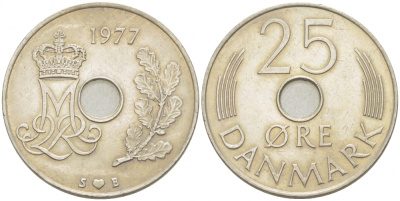 ДАНИЯ 25 ЭРЕ 1977 S; B, МАРГРЕТЕ II (1972-) KM 861.1 медно-никель 4402-1252