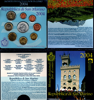 Сан-Марино годовой набор из 9 монет (1, 2, 5, 10, 20 и 50 евроцентов; 1, 2 и 5 евро) 2004 в оригинальном буклете, тираж 70.000 экземпляров KM MS64 (440, 441, 442, 443, 444, 445, 446, 447 и 458) BU 8-1-06-17