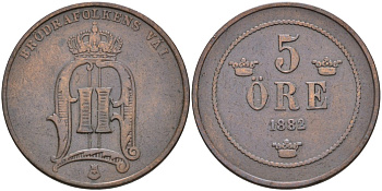 Швеция 5 эре 1882 Оскар II (1872-1907) король Швеции и Норвегии KM 736 бронза 4557-512