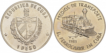 Куба 1 песо 1983 серия транспорт Кубы, железные дороги,  паровоз KM 106 медно-никель UNC 1526-812