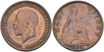 Великобритания 1/2 пенни 1928 Георг V (1910-1936) KM 837, Spink 4058 бронза 4591-1041