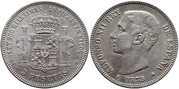 ИСПАНИЯ 5 ПЕСЕТ 1875 (75) DE-M, АЛЬФОНСО XII KM 671 серебро 02-203-41