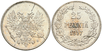 Россия для Финляндии 25 пенни 1917 S, временное правительство, без короны KM 19, Биткин 2 серебро aUNC 4580-1237