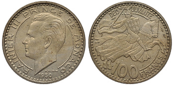 Монако 100 франков 1950 Ренье III (1949-2005) KM 133 медно-никель 69-446