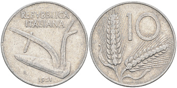 Италия 10 лир 1951 R, плуг KM 93 алюминий    4595-143