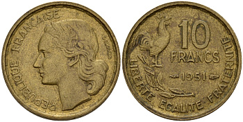Франция 10 франков 1951 B, петух KM 915.2, Le Franc 363.5 алюминиевая бронза 4159-914