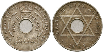 Британская Западная Африка 1/2 пенни 1947 H, Георг VI KM 18 медно-никель 25-1023