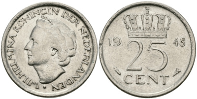 НИДЕРЛАНДЫ 25 ЦЕНТОВ 1948 ВИЛЬГЕЛЬМИНА KM 178 никель 46-2238