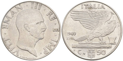 ИТАЛИЯ 50 ЧЕНТЕЗИМО 1940 R, ГОД XVIII, ВИКТОР ЭММАНУИЛ III (1900-1946), немагнитная, ГУРТ РИФЛЁНЫЙ KM 76а, VEM3. 1062a) нержавеющая сталь 3853-254