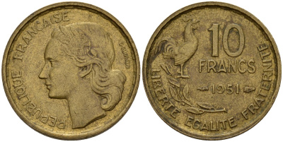 Франция 10 франков 1951 B, петух KM 915.2, Le Franc 363.5 алюминиевая бронза 4159-914