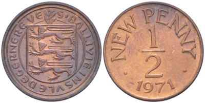 Гернси 1/2 пенни 1971 Елизавета II (1952-2022), герб KM 20 бронза UNC 4519-655