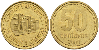Аргентина 50 сентаво 2009 здание конгресса Тукумана, узкие буквы KM 111.1, CJ 5, Schon 112 алюминиевая бронза    60-453