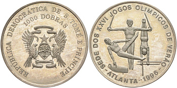 Сан-Томе и Принсипи 1000 добра 1996 XXVI Олимпийские игры 1996 года в Атланте, мужская гимнастика KM 64 медно-никель PROOF 4368-1013