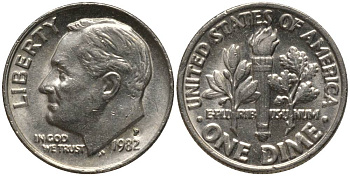 США 10 центов (дайм) 1982 P, Рузвельт KM 195а медь плакированная медно-никелем 3955-1068