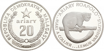 Мадагаскар 20 ариари 1988 серия 25 лет защиты окружающей среды KM 15 серебро PROOF 02-036-11