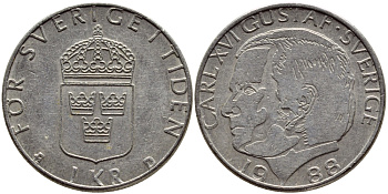 Швеция 1 крона 1988 Карл XVI Густав (1973- ) KM 852a медно-никель 4397-1221