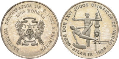 Сан-Томе и Принсипи 1000 добра 1996 XXVI Олимпийские игры 1996 года в Атланте, мужская гимнастика KM 64 медно-никель PROOF 4368-1013