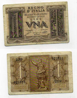 Италия 1 лира 1939 Pick 26, Grapanzano BS 6 бумага 8614-25-1-1