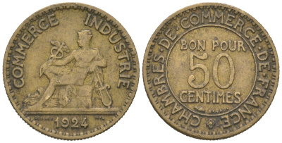 Франция 50 сантимов 1924 KM 884 алюминиевая бронза 4615-652